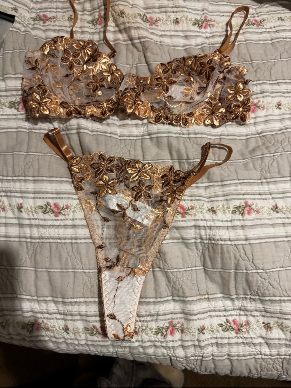 Gold Floral Embroidered Sheer Lace Bra & Thong Set - Women Intimates